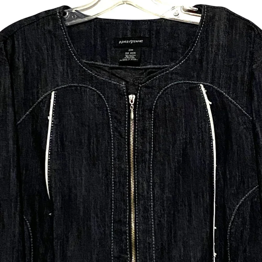 Ashley Stewart Jean Jacket 20W Blue Elevated Moto Style Front Zip‎ Project Piece